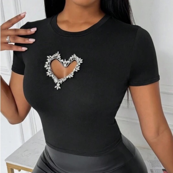 Women's Summer Heart Rhinestone Embellished Round Neck Short Sleeve Slim Fit - Picture 4 of 4